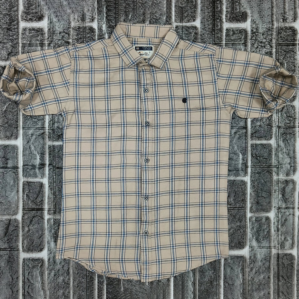 Regular Fit Kids Checkered Spread Collar Casual Shirt Beige